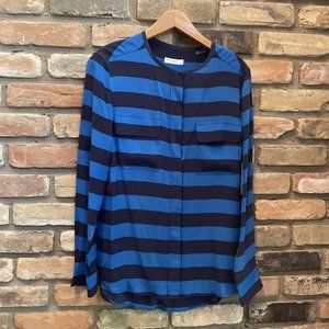 $258 EQUIPMENT FEMME Lynn Striped Collarless Shirt Silk M Medium Blue Nwt